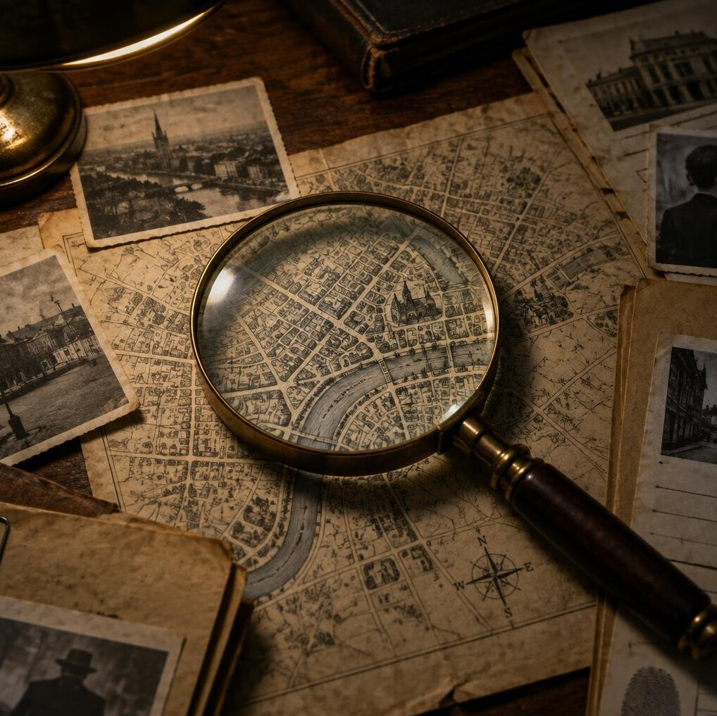 Magnifying glass over an old hand-drawn map and documents