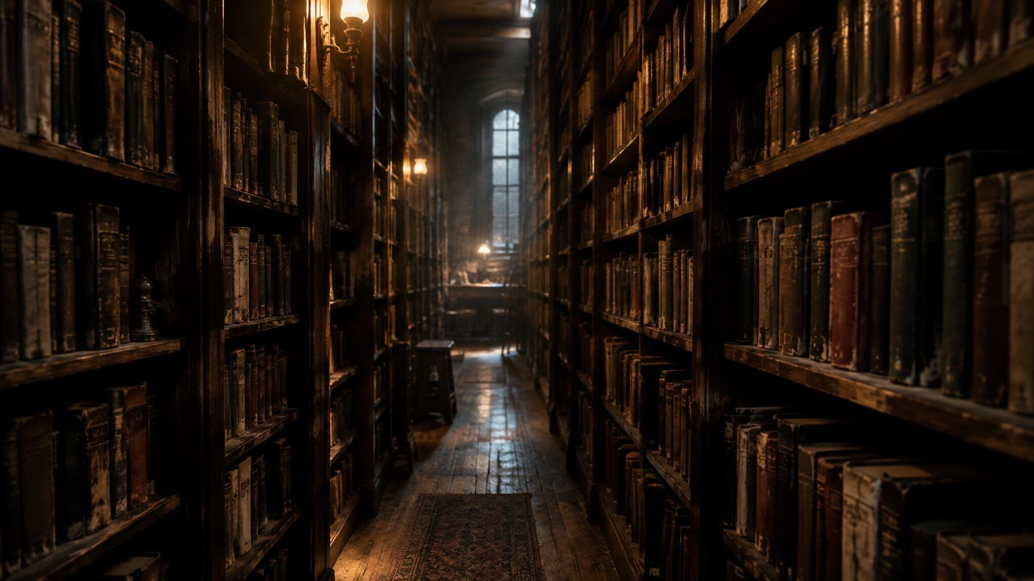 Dim old library with tall wooden shelves full of books
