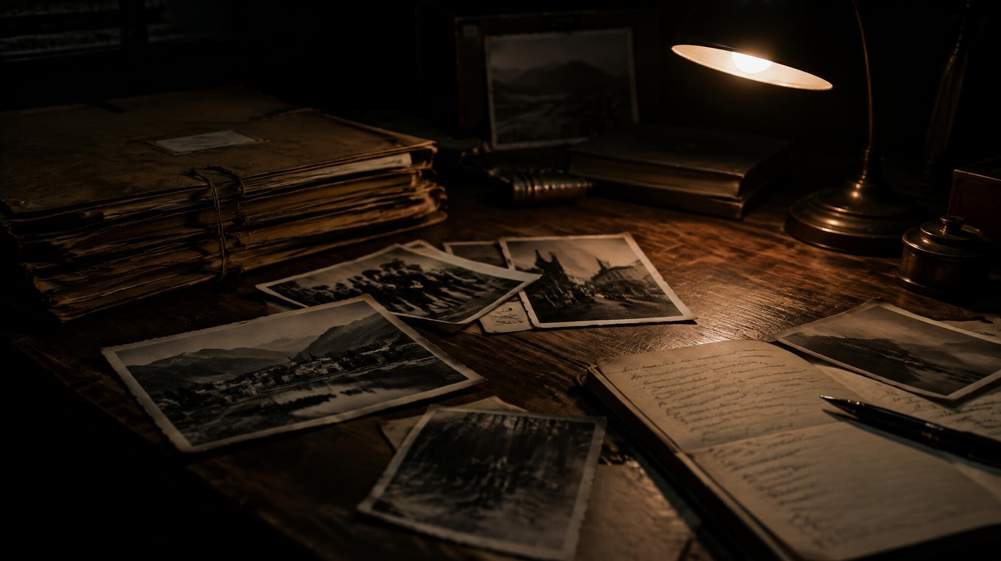 Archive documents and photographs spread under a desk lamp