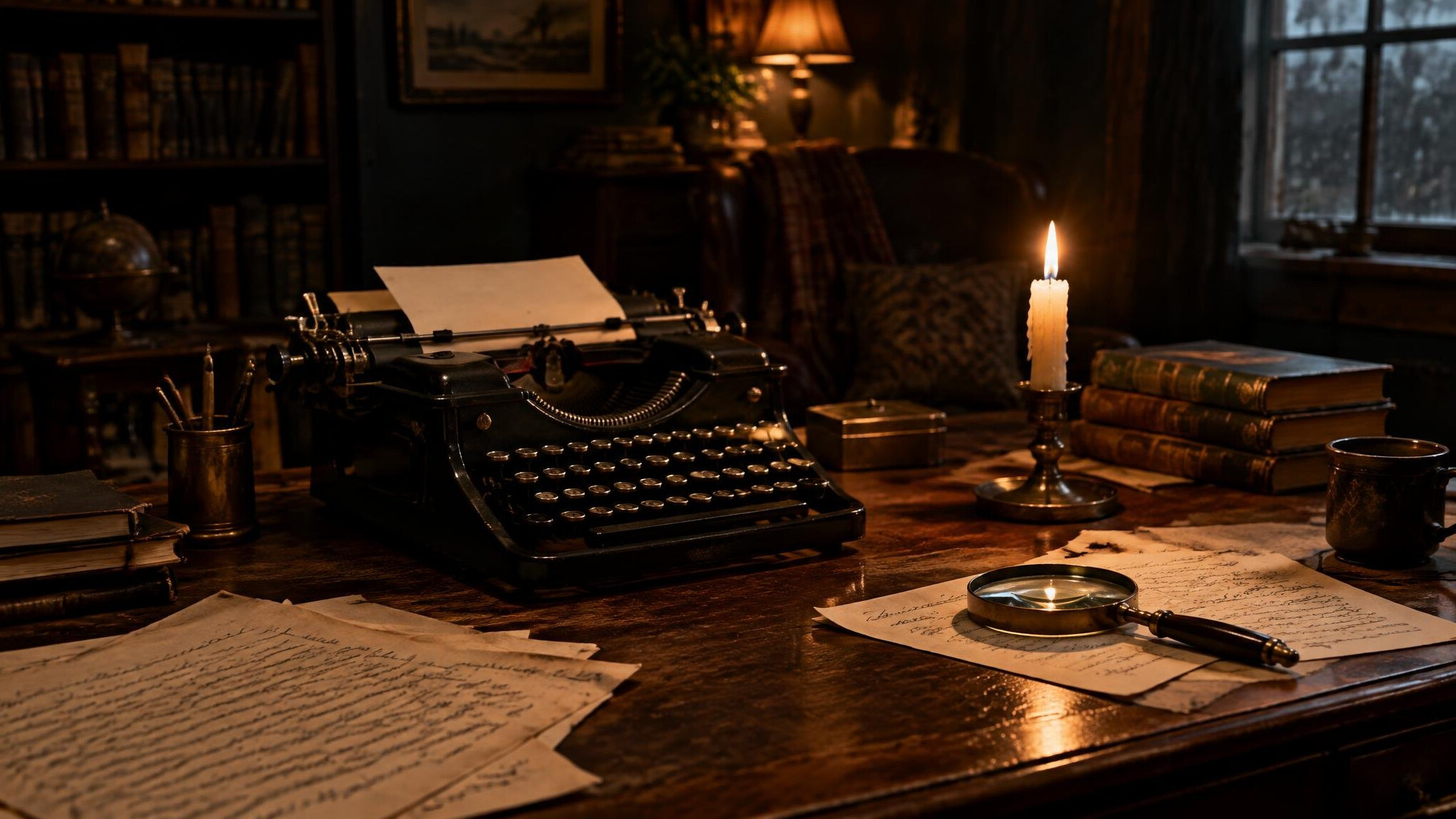 Old wooden writing desk with typewriter, candle and manuscript pages