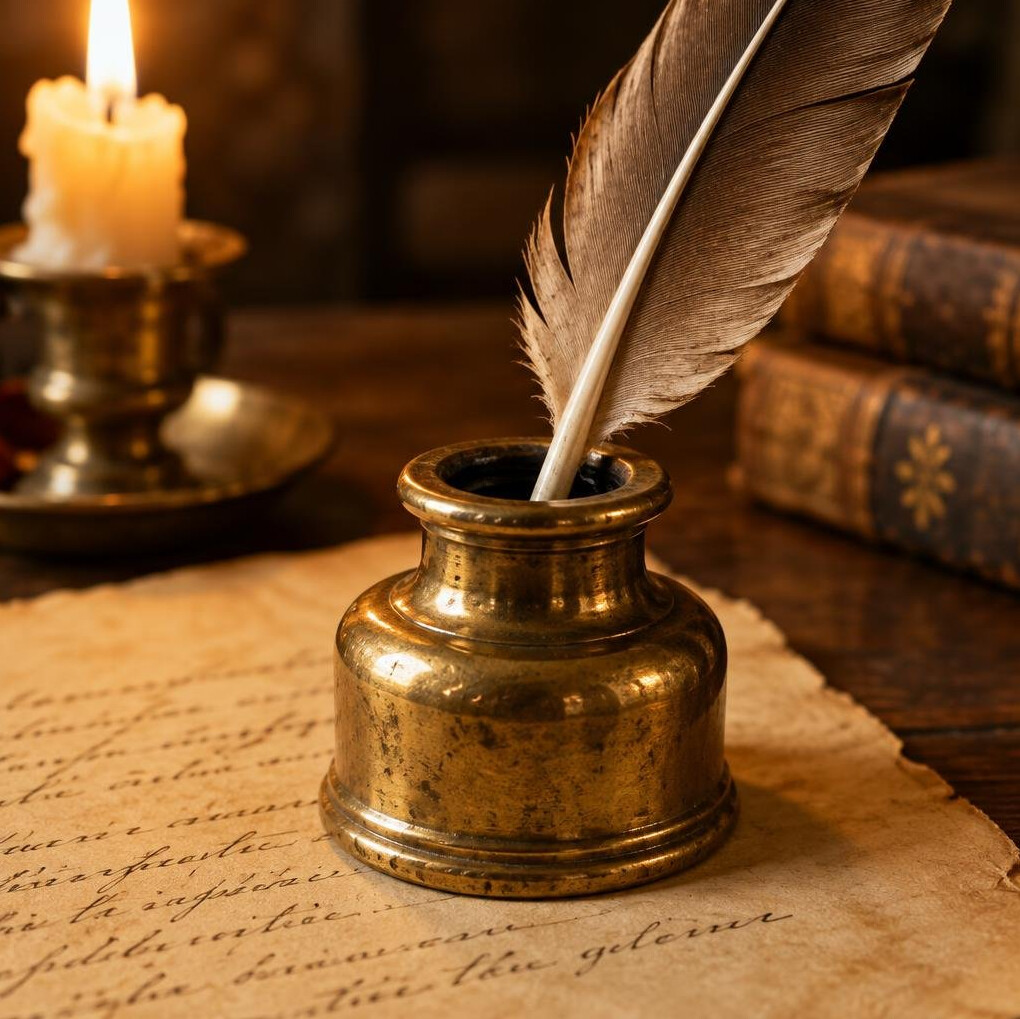 Vintage quill pen resting in an inkwell on aged paper