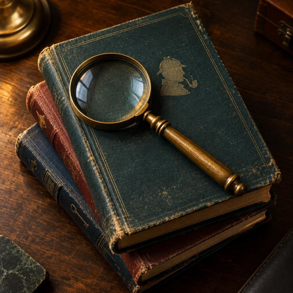 Stack of old mystery novels with a magnifying glass on top